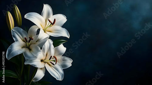 White Lilies on Dark Blue Background: Floral Photography