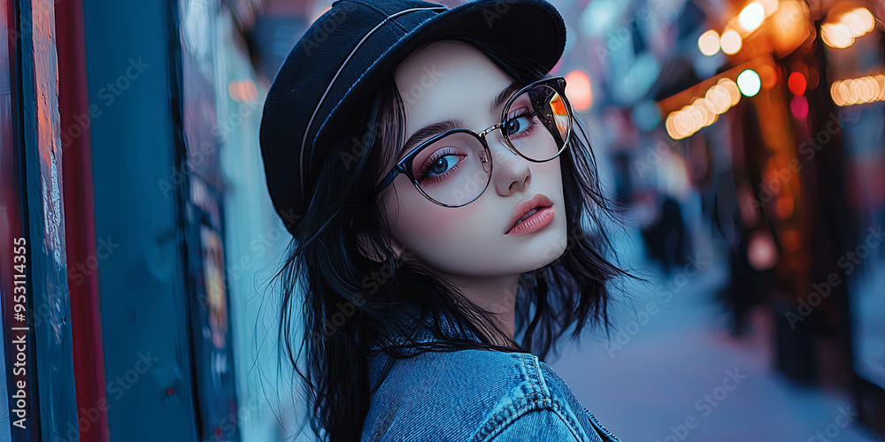 A girl with medium-length black hair, wearing glasses and a hat, generative AI A girl with medium-length black hair, wearing glasses and a hat, generative AI