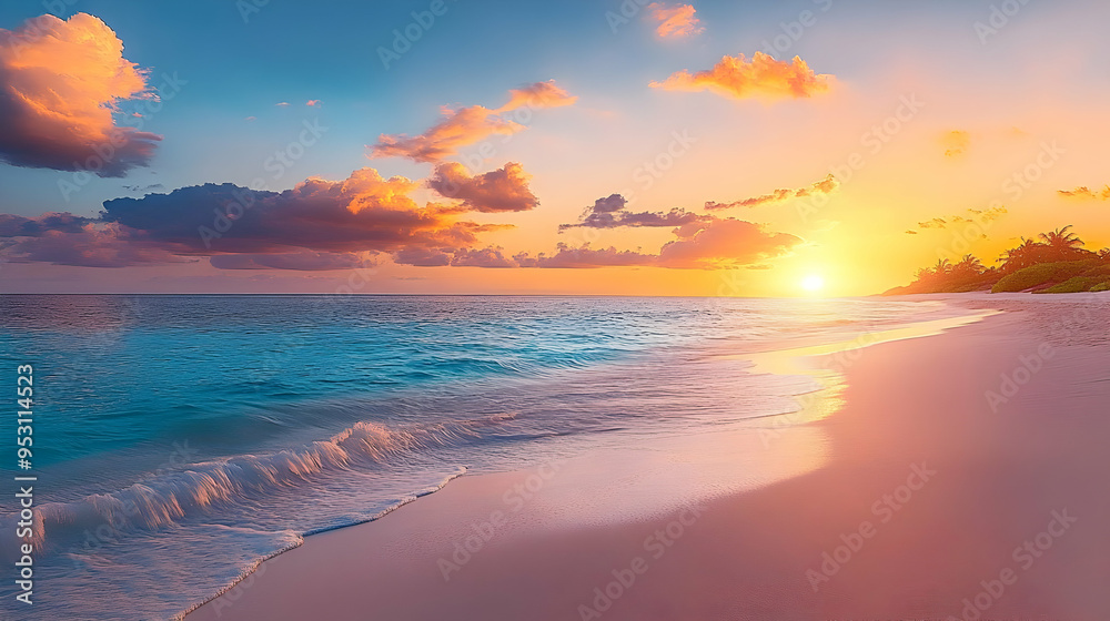 Stunning Sunset Beach Scene with Palm Trees and Golden Sky Stunning Sunset Beach Scene with Palm Trees and Golden Sky