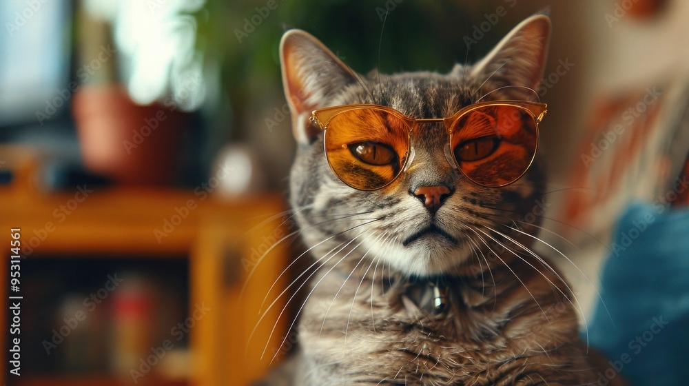 Gray Cat in Shades: A Humorous Close-Up of a Feline Muzzle Sporting Sunglasses