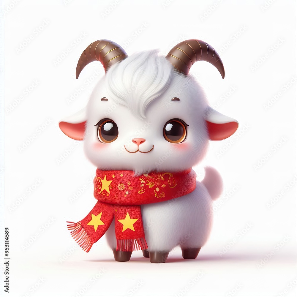 Naklejka premium cute 3d fluffy Goat character with red vietnamese scarf, white background