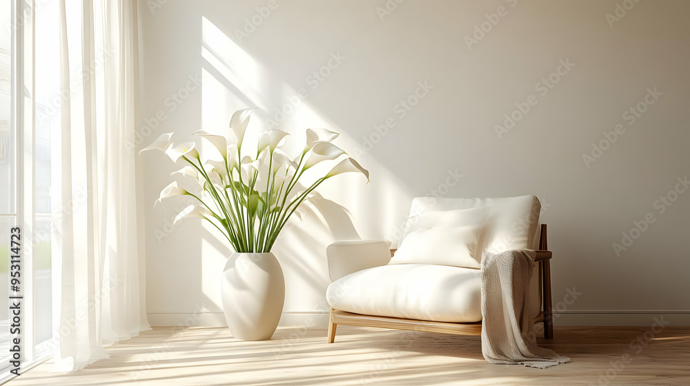 White Calla Lilies in a Vase and a White Armchair in a Minimalist Living Room White Calla Lilies in a Vase and a White Armchair in a Minimalist Living Room