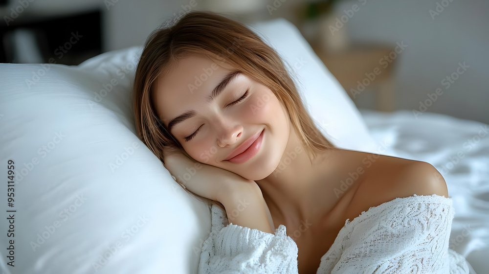 Peaceful Sleep in a White Bedroom - Woman Relaxing in Bed Peaceful Sleep in a White Bedroom - Woman Relaxing in Bed