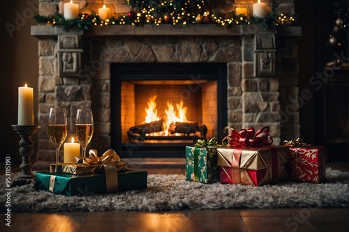 New Year's gifts by the fireplace, festive Christmas interior of a house 