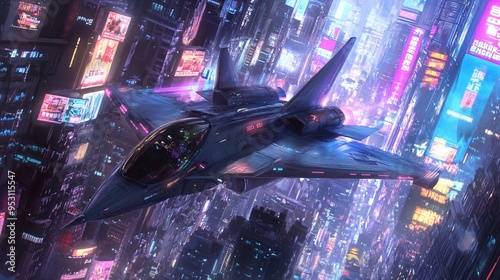 futuristic fighter jet, angular design with energy shields, flying through a high-tech cityscape, highly detailed with metallic surfaces and glowing edges, side angle emphasizing the jet's advanced photo