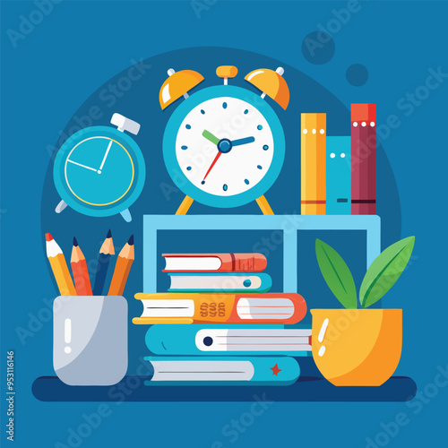 Cozy study desk with books, alarm clock, and pencils Vector Illustration photo