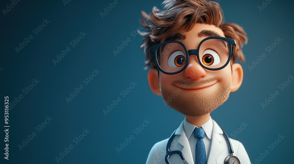 3D render of a full height confident cartoon character doctor wearing glasses isolated on a blue background professional Caucasian male specialist
