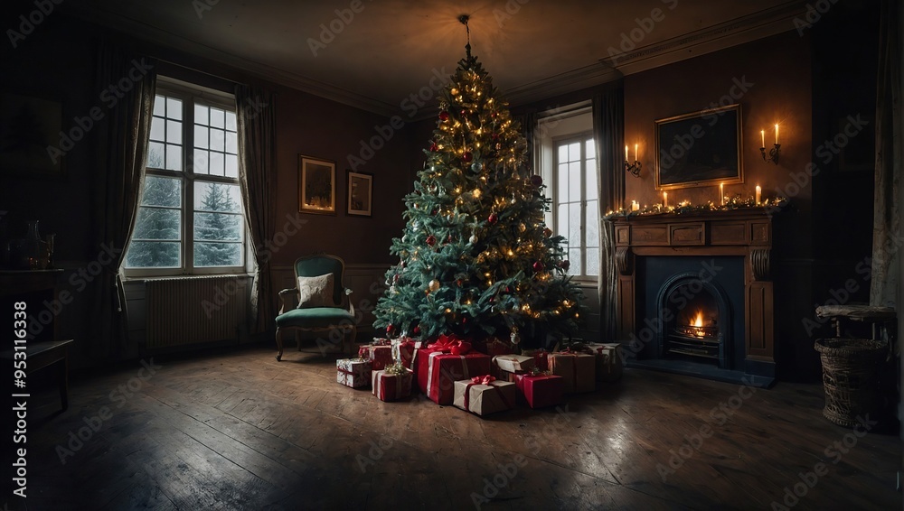 Old red room with christmas tree