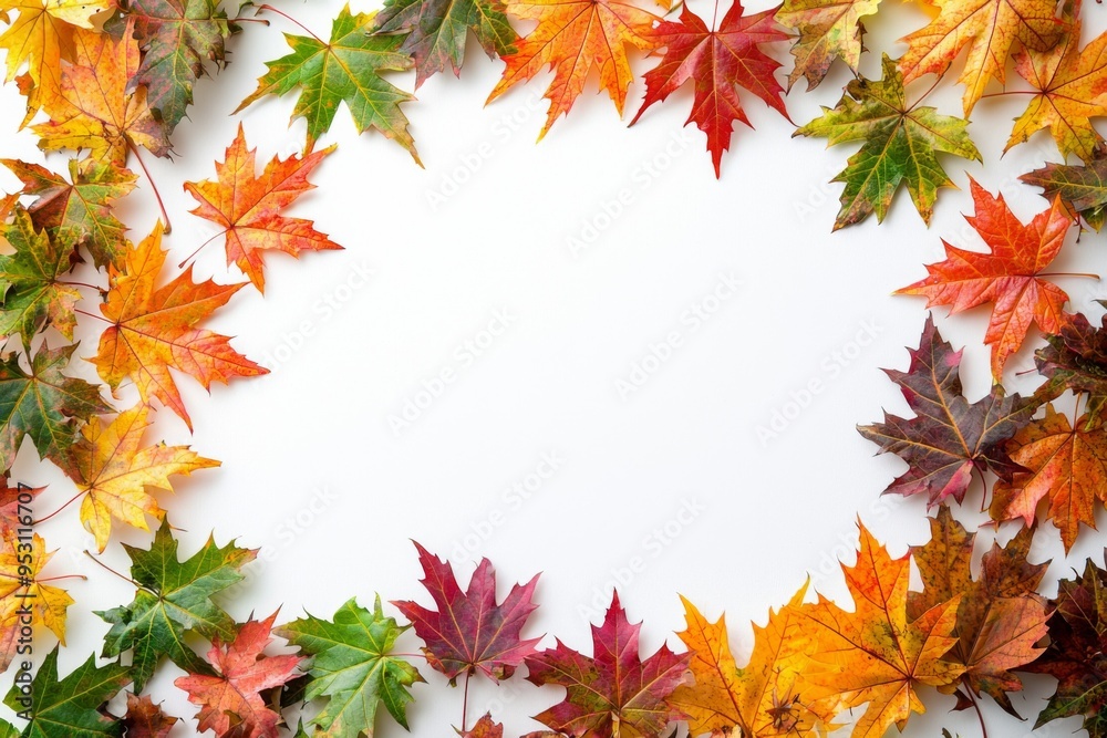 Autumn Maple Leaves Flat Lay White Background created with Generative AI Autumn Maple Leaves Flat Lay White Background created with Generative AI