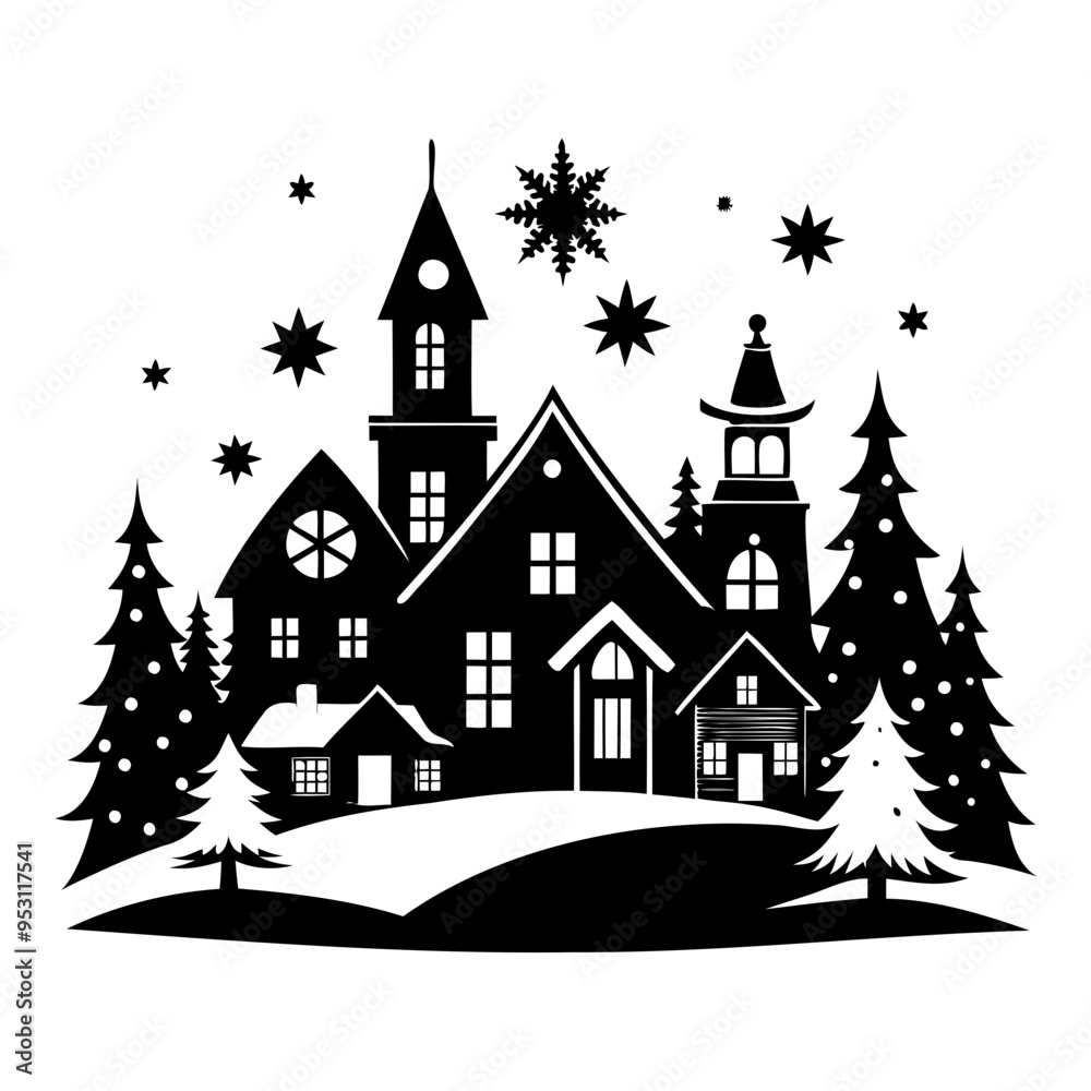Obraz premium Christmas village Black silhouette Vector Illustration with white background