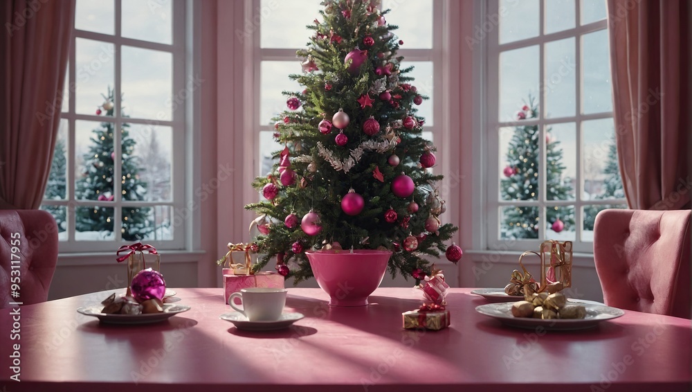 Pink table with a Christmas tree Pink table with a Christmas tree