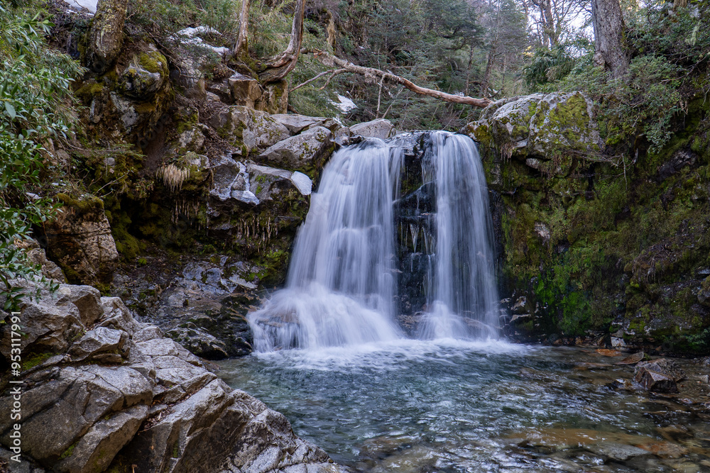Obraz premium A tranquil waterfall nestled within a lush, moss-covered forest in Villa La Angostura, Patagonia, Argentina. The serene cascade of water flows over rugged rocks into a crystal-clear pool.
