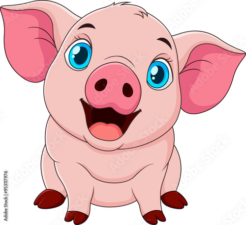 Cartoon illustration of a cute pig sitting and with an adorable smile