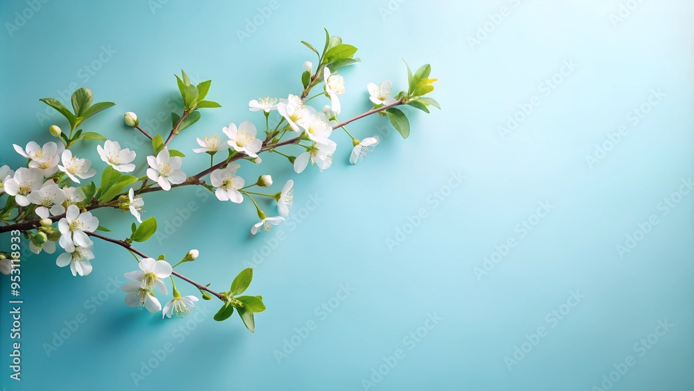 A branch with white flowers against a blue background A branch with white flowers against a blue background
