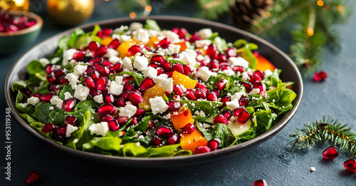 Mix salad with pomegranate seed and cheese s in a bowl, Christmas special photo