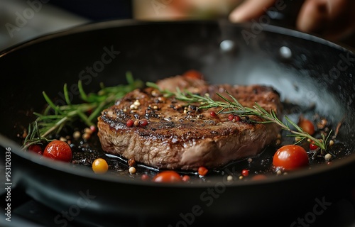 Someone is using a skillet to cook steak.