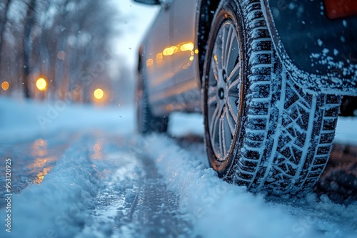close-up of a car wheel in the snow
