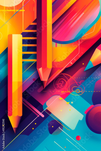 A colorful and dynamic abstract piece with overlapping geometric shapes of school supplies, back-to-school theme.