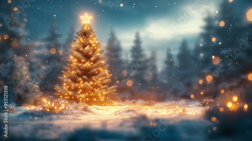 A Christmas tree with a star on top is lit up in a snowy forest