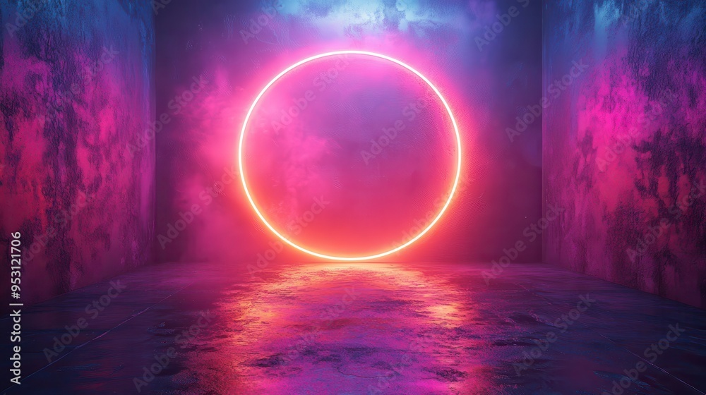 Colorful neon ring glowing in a dark room, 3D abstract minimalist background, fantastic geometric wallpaper with a rounded frame and a blank banner. Colorful neon ring glowing in a dark room, 3D abstract minimalist background, fantastic geometric wallpaper with a rounded frame and a blank banner.