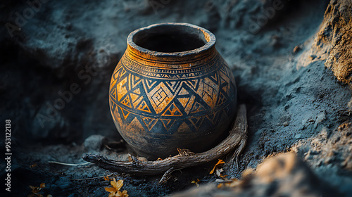 A captivating image of an ancient, Neolithic clay pot. photo