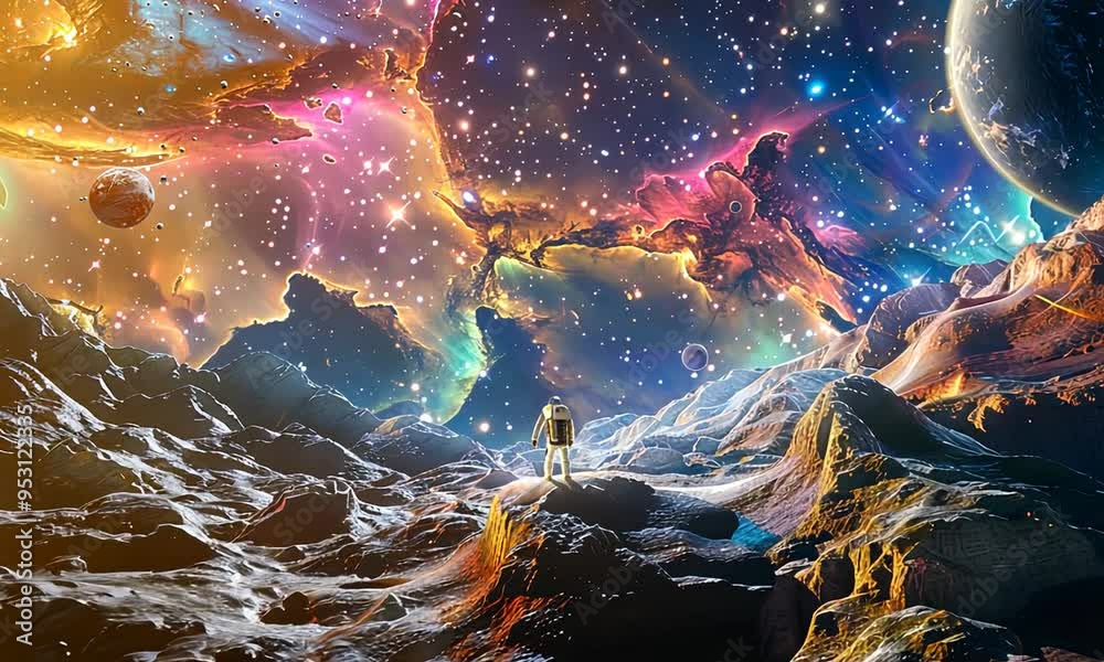 Astronaut Standing on a Mountain in a Colorful Nebula