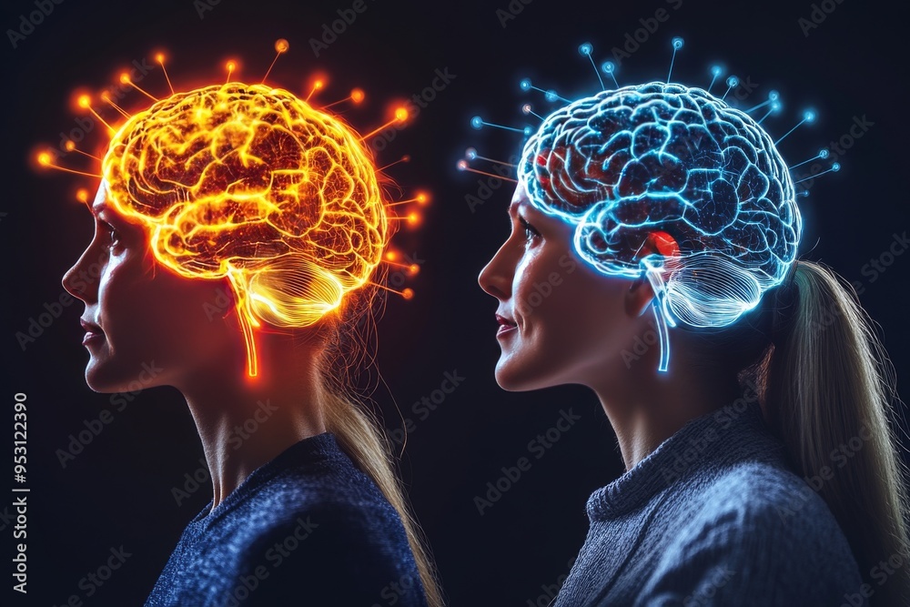 Futuristic digital art of two women with glowing brains symbolizing the contrast and fusion of ideas in a dynamic and intellectually stimulating environment