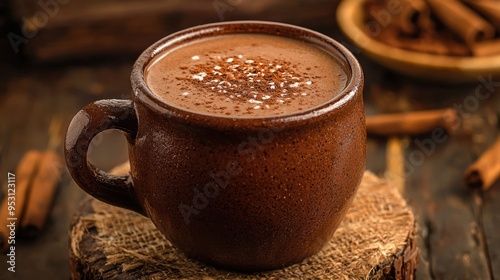 Authentic Mexican Champurrado Served in Rustic Clay Mug
