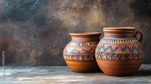 Traditional Hindu pottery with space for text on a rustic background. Cultural heritage.