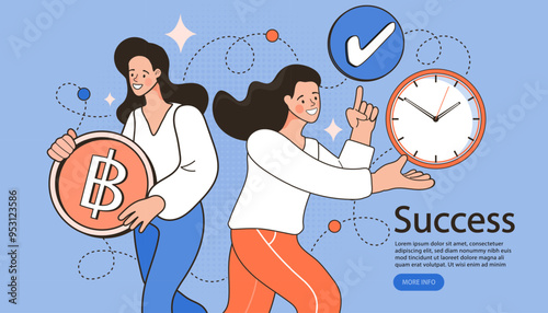 A concept of achieving goals, this vector art shows a team succeeding through efficient time management and smart financial investment, featuring a clock and a Thai Baht coin.