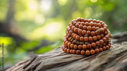 Traditional Jain mala beads in a peaceful setting, no people, calm background, ample copy space - photo