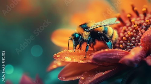 Bumblebee on Vibrant Flower. Macro Photography #953124152