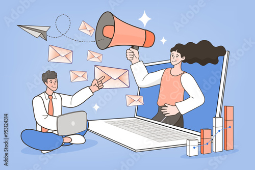 business person with megaphone with public relation by email electronic 