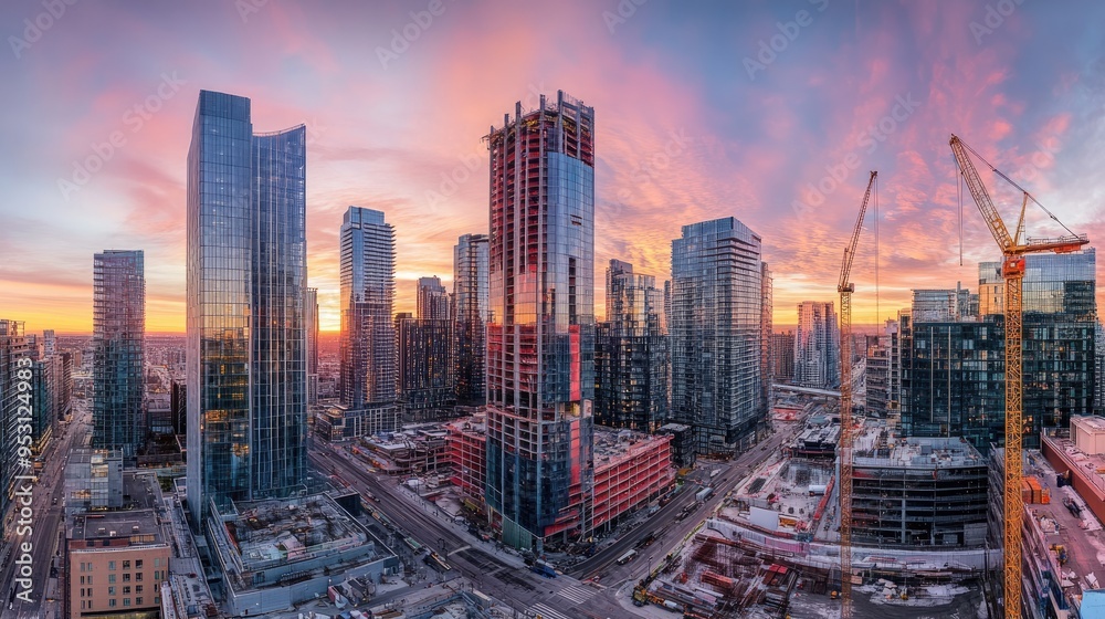 Obraz premium A panoramic view of a city skyline at sunset with construction activity and modern buildings.