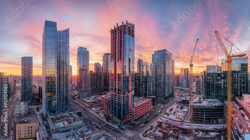 Wallpaper Mural A panoramic view of a city skyline at sunset with construction activity and modern buildings. Torontodigital.ca