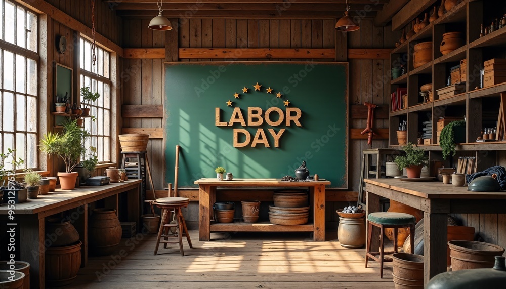 Fototapeta premium Rustic Labor Day design featuring a vintage workshop setup, perfect for advertisements.