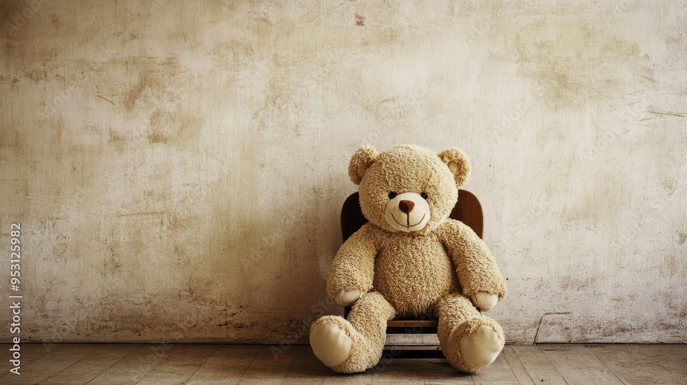 Obraz premium A child teddy bear sitting in a small chair, with space for text on the surrounding floor.