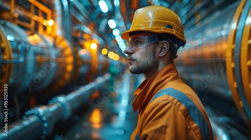 an engineer inspecting a wall of industrial pipes