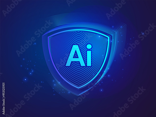 Cyber security intelligence data protection shield with letter AI in shield symbol Technology Wave Moving Analysis vector design concept. AI technology for advance technology, robotic, ui, web, data.