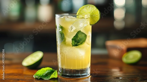 Refreshing Classic Gin Rickey Cocktail in Highball Glass with Fresh Lime Garnish photo