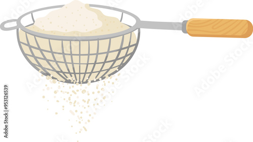 Sifting flour with metal sieve. Cooking cartoon icon