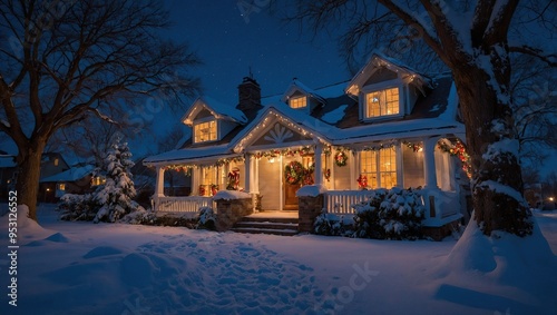 Snowy Christmas house at night 