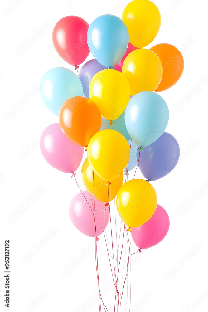 A vibrant collection of colorful balloons in various shades including red, pink, yellow, blue, and orange, floating against a white background.