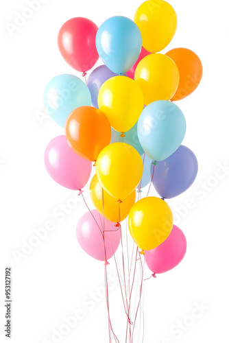 A vibrant collection of colorful balloons in various shades including red, pink, yellow, blue, and orange, floating against a white background.