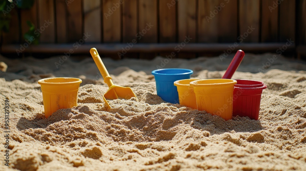A sandbox with toy shovels and buckets, with space for text in the sand. Perfect for outdoor play themes. A sandbox with toy shovels and buckets, with space for text in the sand. Perfect for outdoor play themes.
