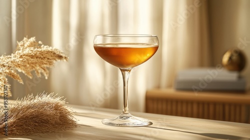 Elegant Bamboo Cocktail Served in Nick and Nora Glass on Sophisticated Bar Counter.