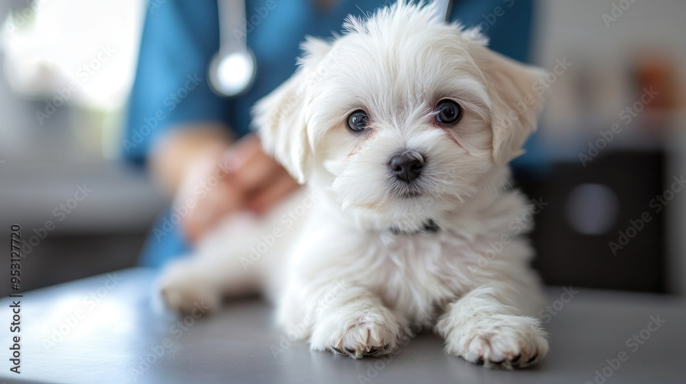 White Maltese puppy dog getting a vaccine at the veterinary doctor,Vet examining dog,Puppy lying on the examination table,veterinarian doing injection by syringe to it,sick,Health care. White Maltese puppy dog getting a vaccine at the veterinary doctor,Vet examining dog,Puppy lying on the examination table,veterinarian doing injection by syringe to it,sick,Health care.