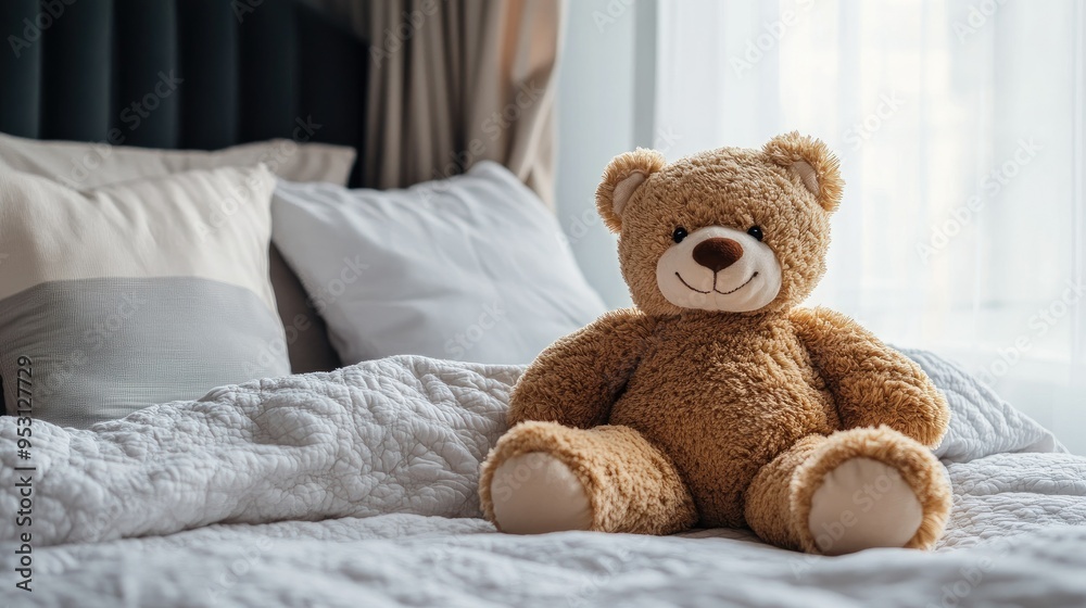 A soft, plush teddy bear sitting on a child bed, surrounded by pillows. Ample space for text on the bedspread. A soft, plush teddy bear sitting on a child bed, surrounded by pillows. Ample space for text on the bedspread.