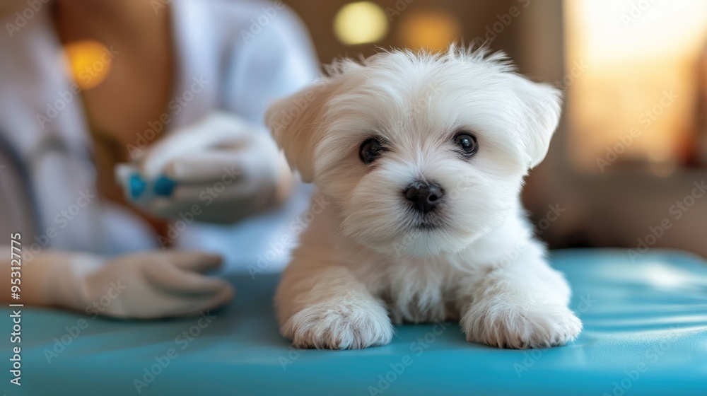 White Maltese puppy dog getting a vaccine at the veterinary doctor,Vet examining dog,Puppy lying on the examination table,veterinarian doing injection by syringe to it,sick,Health care. White Maltese puppy dog getting a vaccine at the veterinary doctor,Vet examining dog,Puppy lying on the examination table,veterinarian doing injection by syringe to it,sick,Health care.