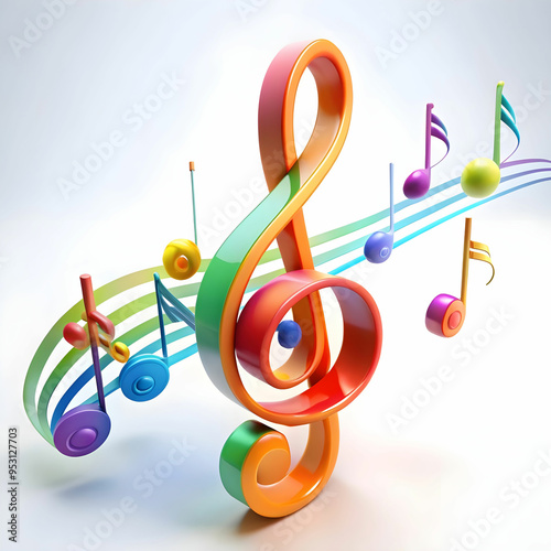 a 3d staff with colorful musical notes on white background
